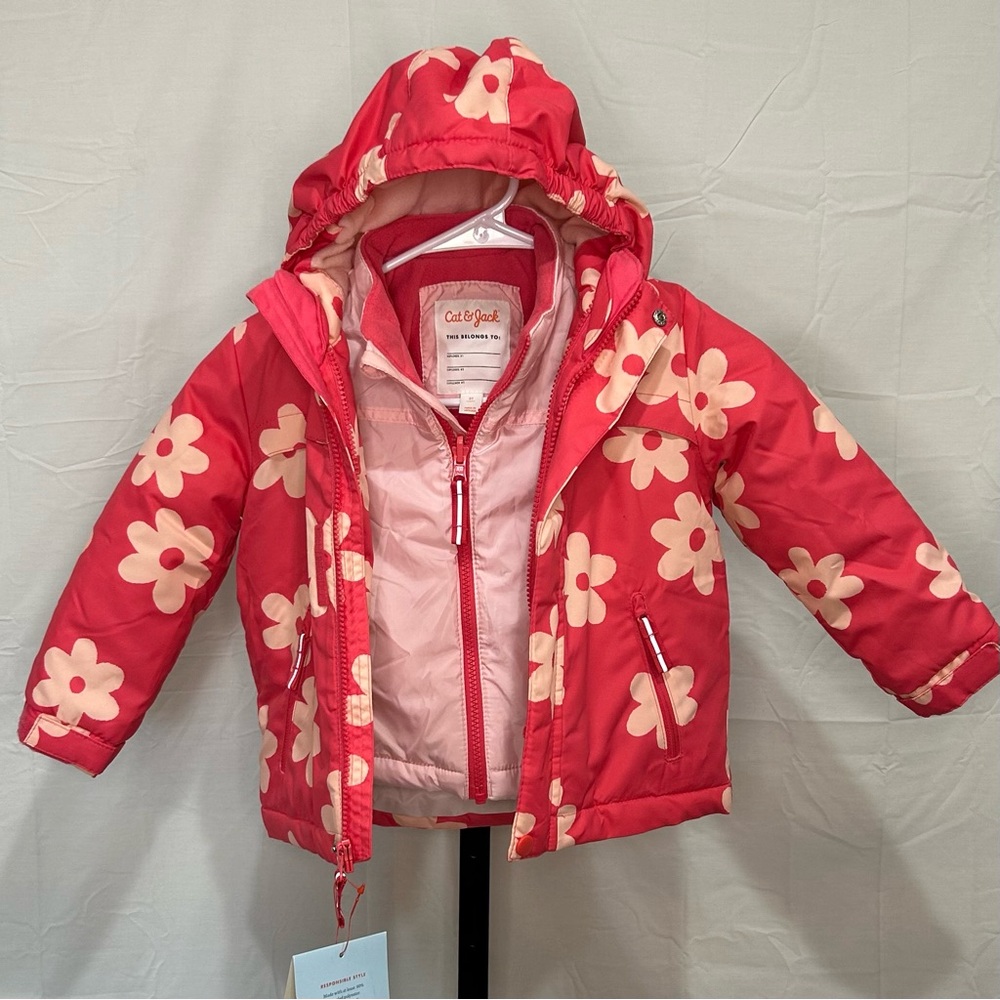 Cat & Jack Pink Floral 3-in-1 Hooded Jacket 3T NWT - Picture 2 of 7